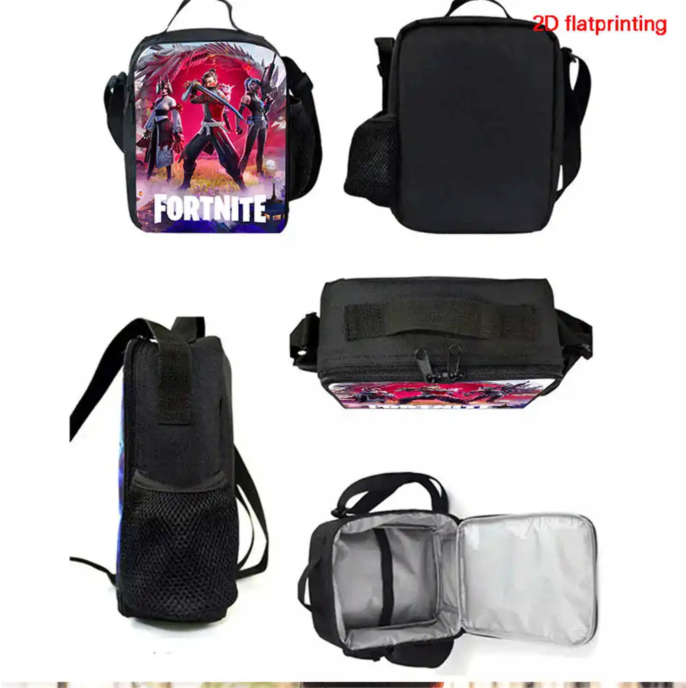 Set Fortnite Cartoon de 3 piezas, gran capacidad, adecuado para niños y niñas de 5 a 8 años, incluye mochila, bolsa para comida y estuche para lápices