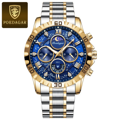 Reloj para hombre POEDAGAR: cronógrafo de lujo, resistente al agua y luminiscente, de acero inoxidable, de estilo deportivo y militar, con movimiento de cuarzo