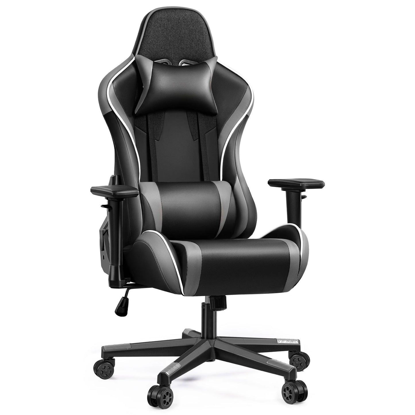 Gaming Chair, Ergonomic, with Headrest Lumbar Pillow, 135° Reclining, PU Leather Computer Chair, Black Gray
