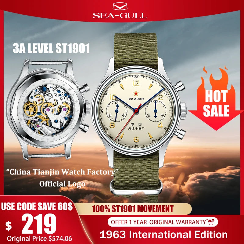 Reloj mecánico para hombre Seagull 1963 International Edition, reloj de piloto ST1901, cronógrafo retro de pulsera, aviación de la Fuerza Aérea, nuevo