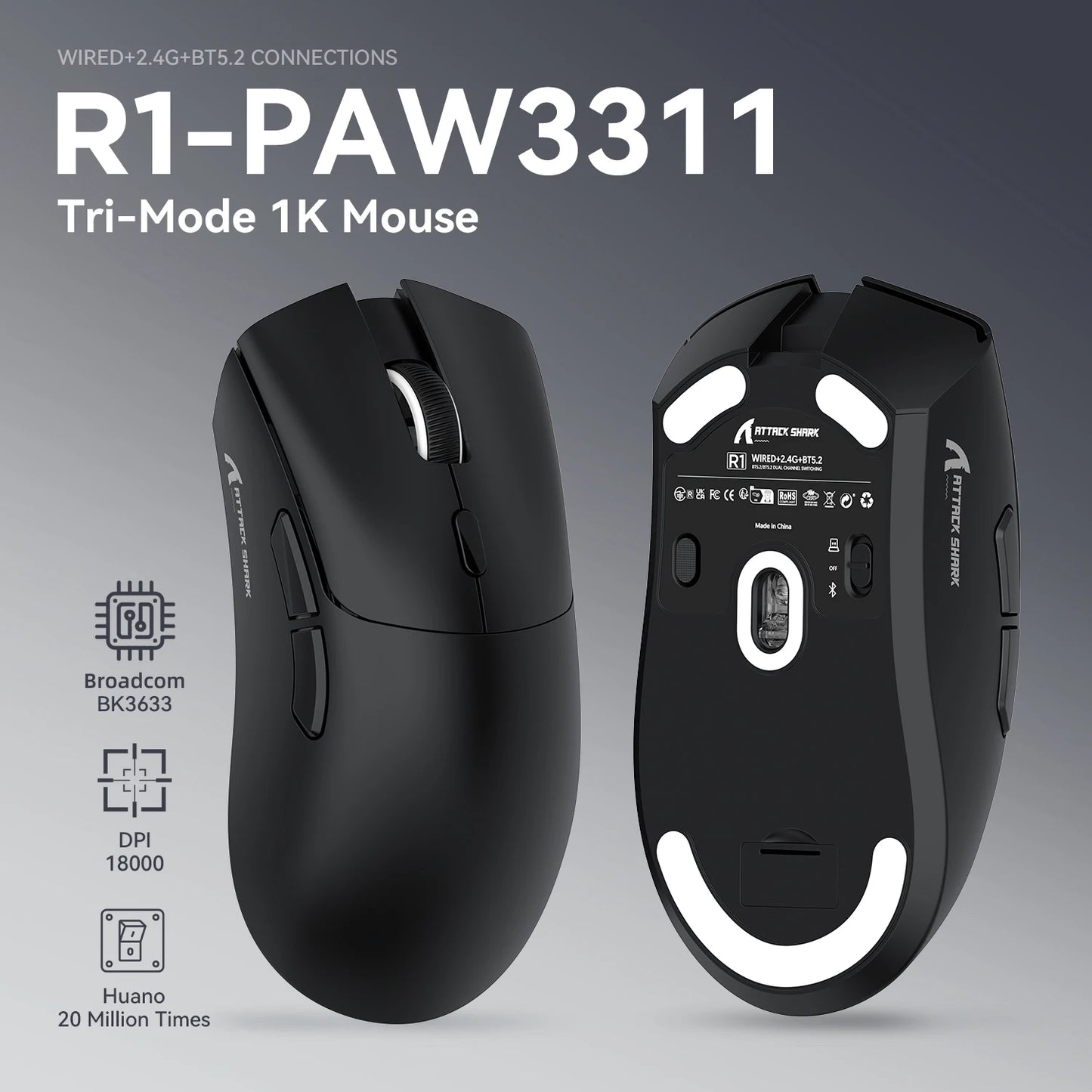 ATTACK SHARK R1 trijų režimų žaidimų pelė, PixArt PAW3311 jutiklis, 18000 DPI, 1000hz, itin lengva 59g, didelėms rankoms, skirta PC/Mac