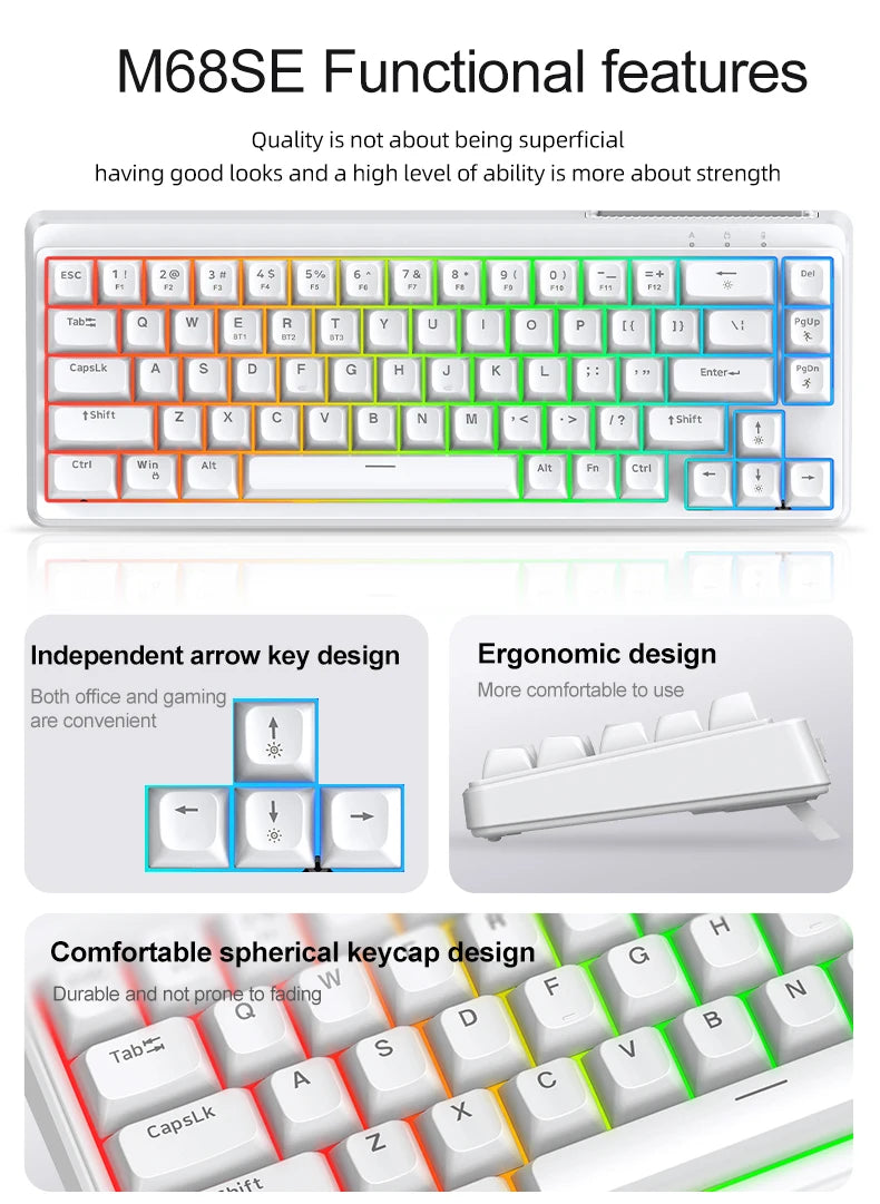 FREEWOLF M68SE tastiera mini cablata a 68 tasti, retroilluminazione RGB, Type-C, layout 68%, compatta, per gaming, ufficio, PC e laptop