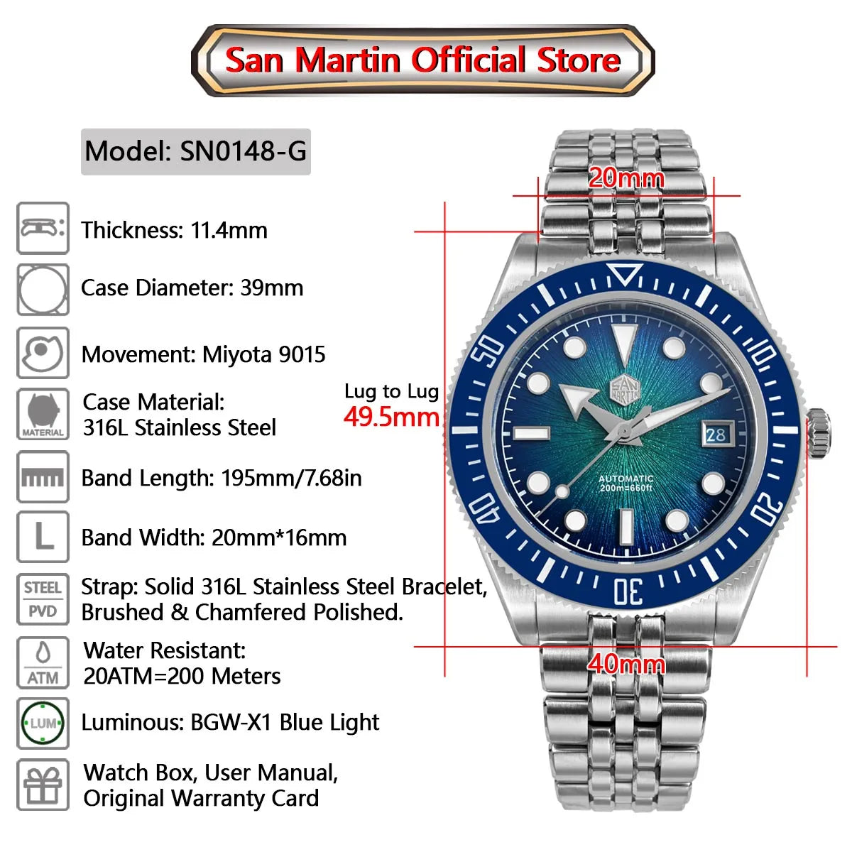Relógio de mergulho de luxo para homem San Martin 40mm Miyota 9015, mostrador em esmalte sunburst, relógio de pulso mecânico automático, resistente à água 200m, SN0148