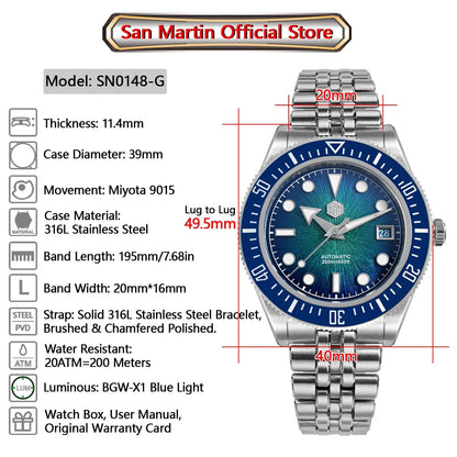 Relógio de mergulho de luxo para homem San Martin 40mm Miyota 9015, mostrador em esmalte sunburst, relógio de pulso mecânico automático, resistente à água 200m, SN0148