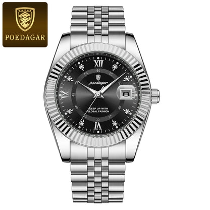 POEDAGAR herenhorloge – Luxe model, waterdicht, van roestvrij staal, met lichtgevende wijzerplaat, militaire stijl, datumfunctie, quartz uurwerk, ideaal voor op het werk of bij zakelijke gelegenheden.