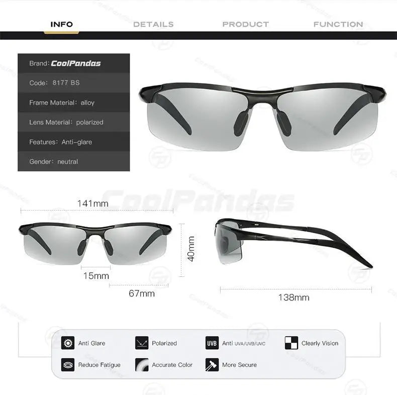 CoolPandas Photochromic Sunglasses Men Polarized Rimless Outdoor Sport Driving Glasses Day Night Chamelon Goggle zonnebril heren