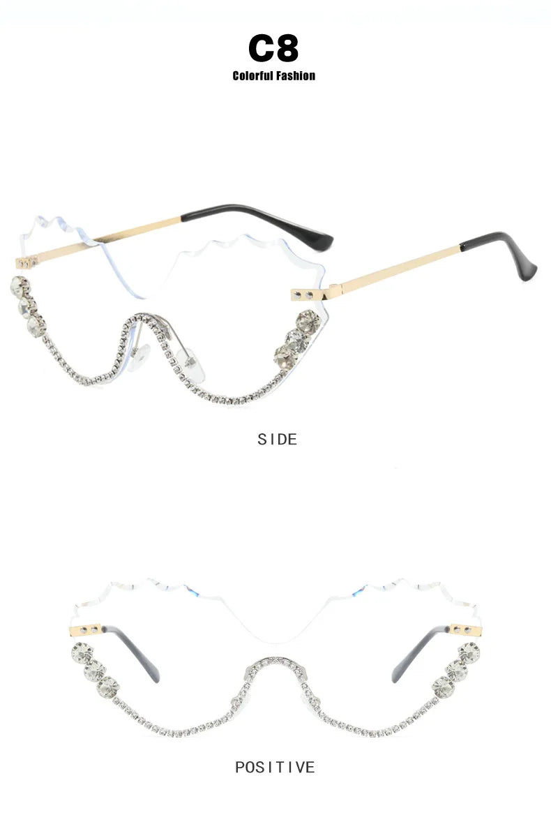 Fashion Luxury Brand Design Diamond Wave Rimless Women Sunglasses Hip Hop Eyewear Outdoor Glasses Unisex Shades Glasses UV400
