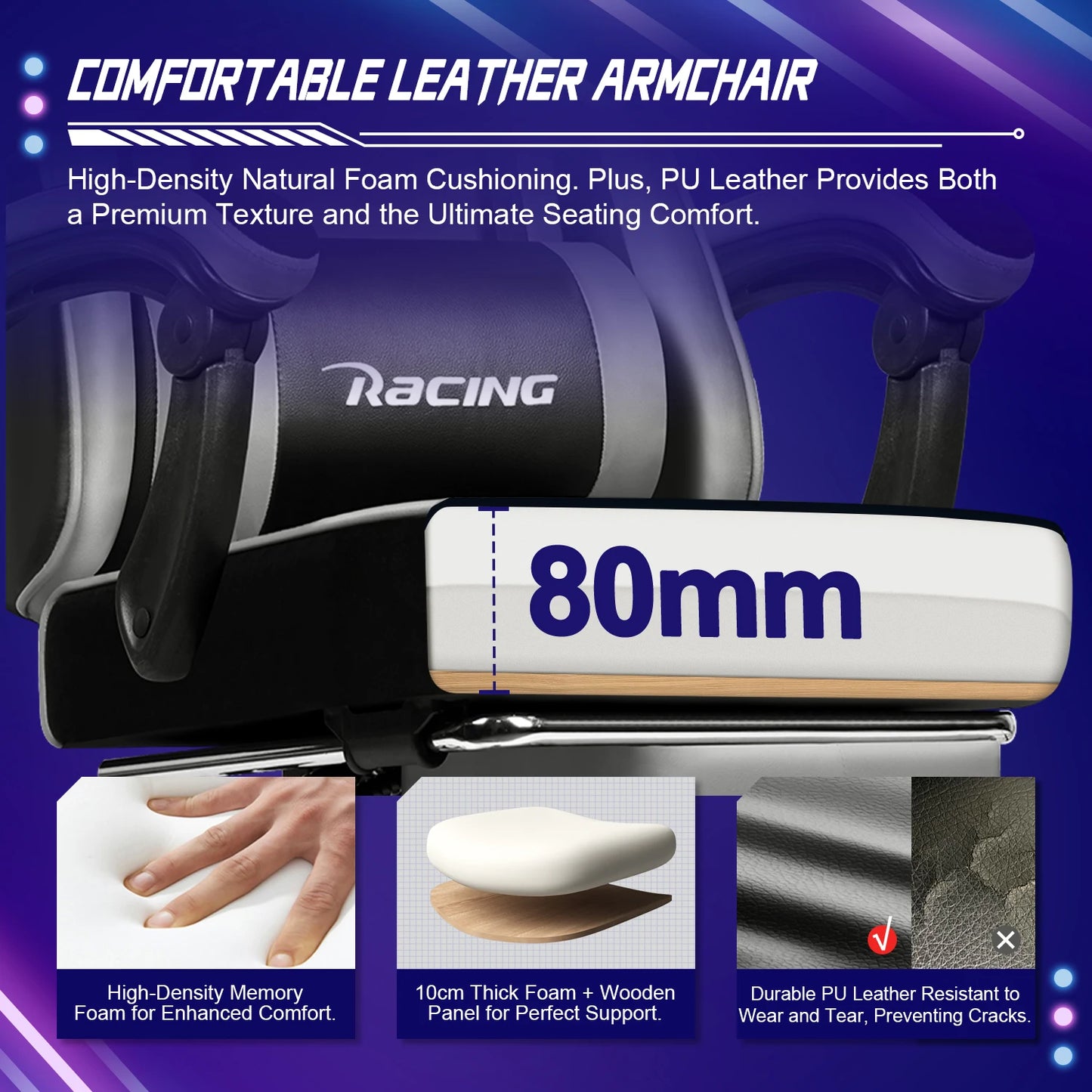 AUTHMIC Ergonomic Gaming Chair with 170° Reclining Backrest, Foldable Footrest, Soft Armrests, Supports 150kg, Breathable Material