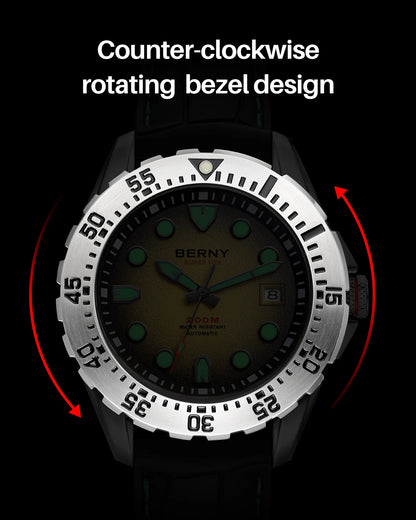 BERNY Automatic Diver Watch for Men Frosted Dial MIYOTA 8215 316L Supper Luminous Sapphire AR Fluororubber Men's Diving Watches