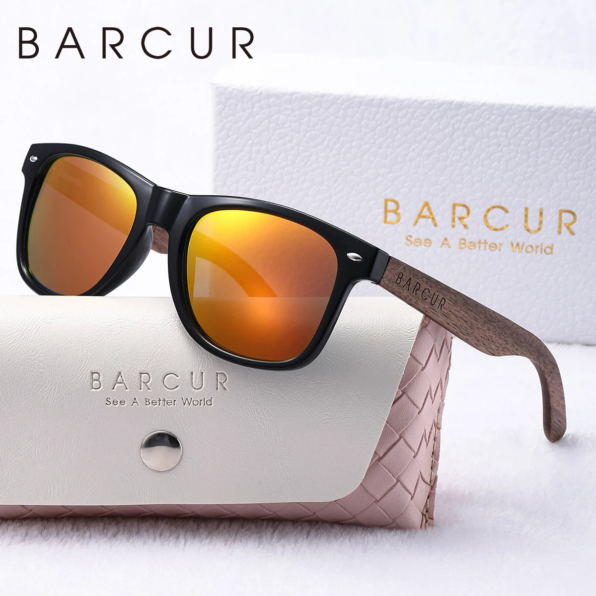 BARCUR Natural Wood Polarizing PC Oval Women Sunglasses Dark Luxury Texture Wooden Mirror Legs Sunscreen UVA*B Women Sunglasses