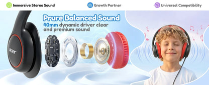 Casque filaire Acer pour enfants, idéal pour l’école, avec prise jack 3,5 mm, pliable, à porter sur les oreilles, pour les jeunes garçons et les jeunes filles, niveau sonore sécurisé de 85/94 dB.