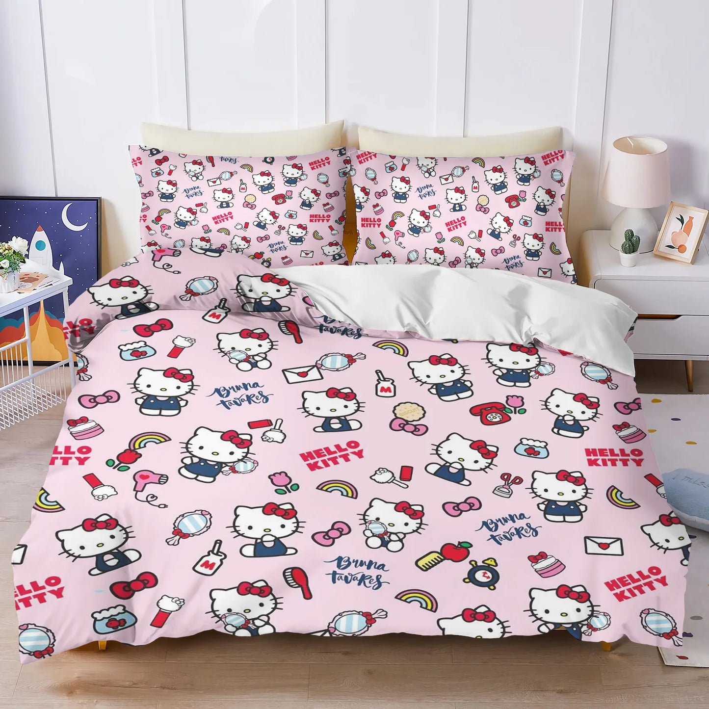 Hello Kitty Duvet Cover Set Comforter Bedding 3D Children's Bedding Set 3-Piece 1 Quilt Cover King Size