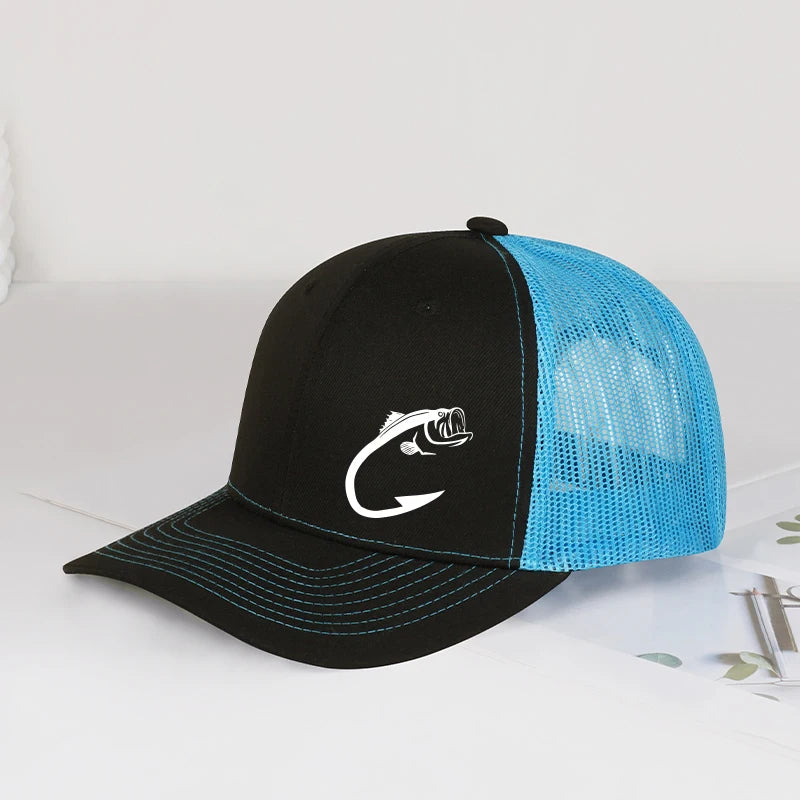 Bass Fish Hook Print Trucker Hat Podesiva uniseks kapa s mrežicom za pecanje, ventilator i sunce