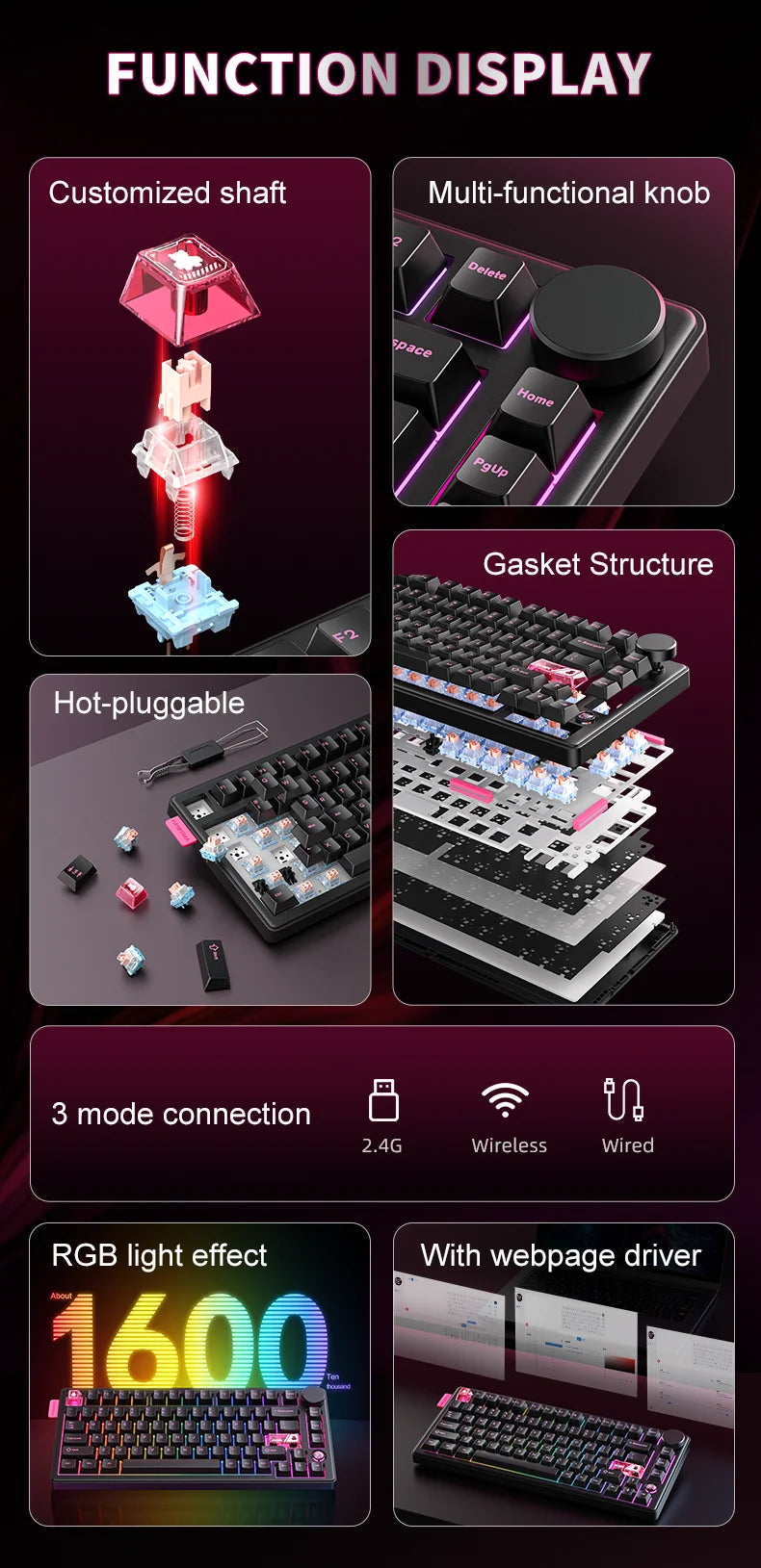Onikuma 2025 New Mt706 Rgb Gaming Mechanical Keyboard 2.4g/ Wired/Bt, 81-Key Pbt Rgb Gaming Keyboard