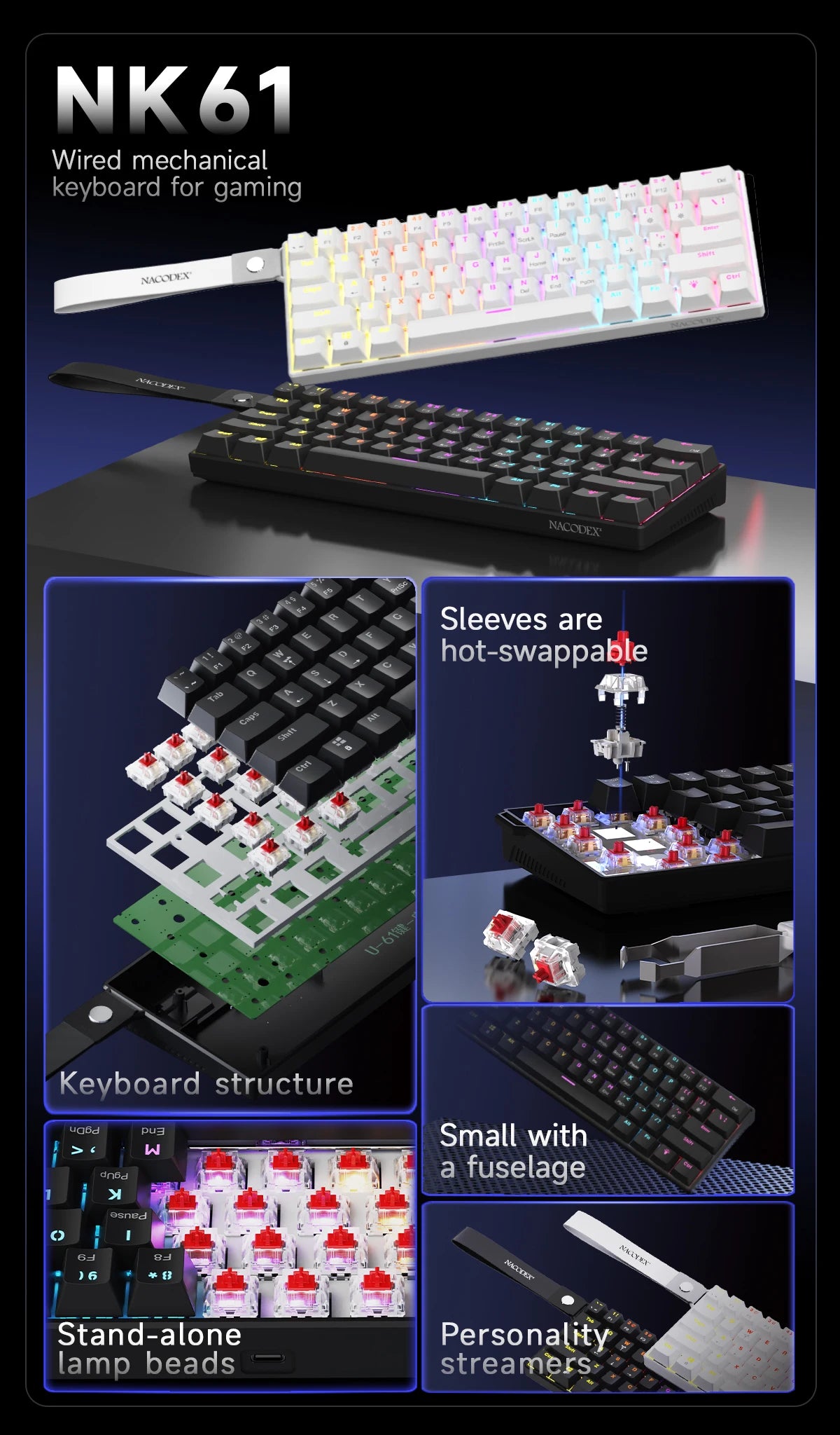 Teclado mecânico gaming com fios AJAZZ NK61 60% RGB hot-swappable, 61 teclas, switch vermelho, mini teclado para PC gamer