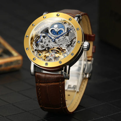 SKROX vyriškas automatinis mechaninis rankinis laikrodis, skeleto modelis su GMT funkcija, mėnulio fazėmis ir turbiljonu – prabangus, aukščiausios klasės, elegantiškas ir originalus laikrodis.