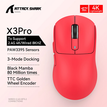 Bezdrátová herní myš X3 ATTACK SHARK v červené barvě, 4K návratnost, Bluetooth tri-mode připojení, PAW3395, makro Bluetooth herní myš