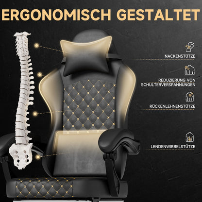 Silla gaming ergonómica PINGGO con reposapiés, masaje y cuero PVC, silla de oficina para PC gaming, capacidad de carga 150kg