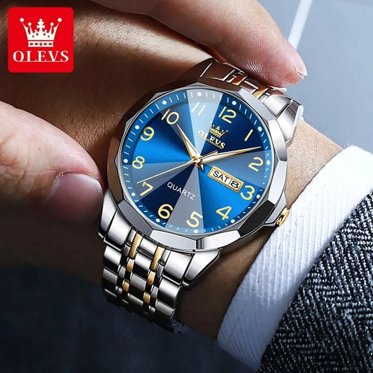 Montre pour homme OLEVS 9970 – Modèle élégant avec cadran numérique, affichage de la date et du jour, étanche, luminescente, à quartz – Montre de luxe originale