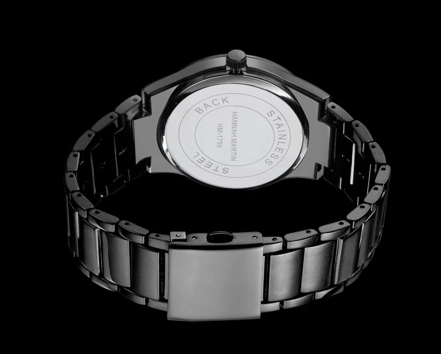 Montre pour homme Hannah Martin, boîtier en acier inoxydable, mouvement à quartz, cadran de 41 mm, style professionnel, avec affichage du calendrier (imitation)