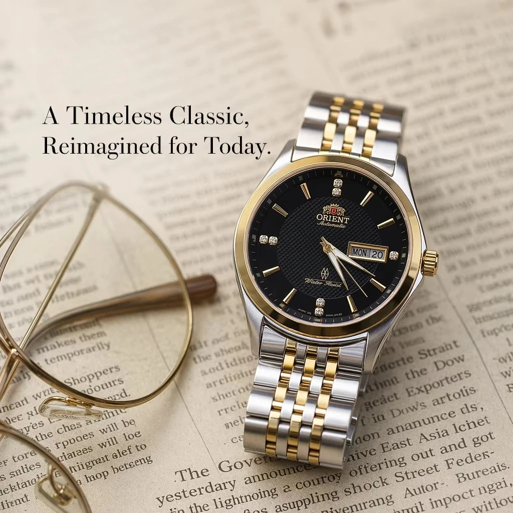 Mechanische Automatikuhr für Herren von Orient mit Doppelkalender (Datum und Wochentag), Kristallindexen und Edelstahlarmband – Armbanduhr im Business-Stil