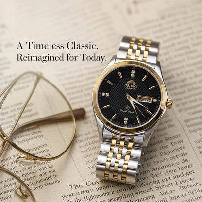 Mechanische Automatikuhr für Herren von Orient mit Doppelkalender (Datum und Wochentag), Kristallindexen und Edelstahlarmband – Armbanduhr im Business-Stil