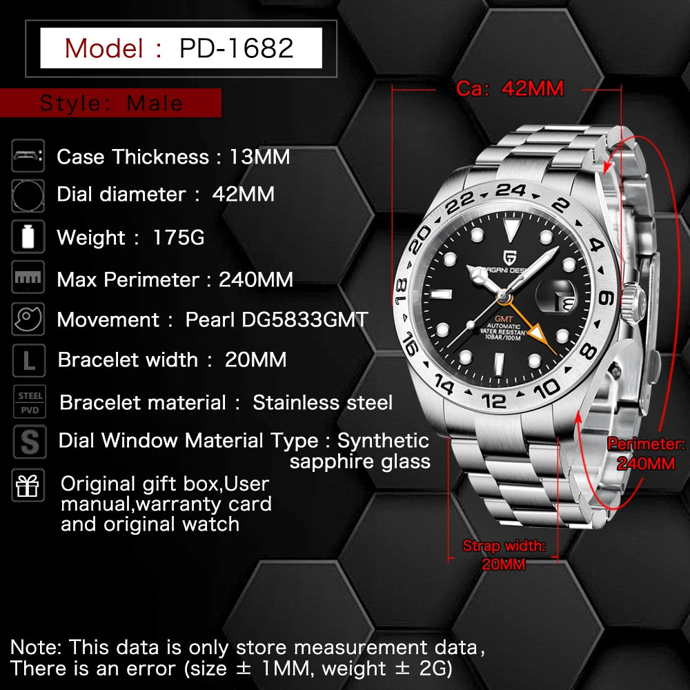 Pagani Design PD1682 Men’s GMT Watch 42mm Automatic Mechanical DG5833 Sapphire Crystal Stainless Steel Waterproof Black Vintage