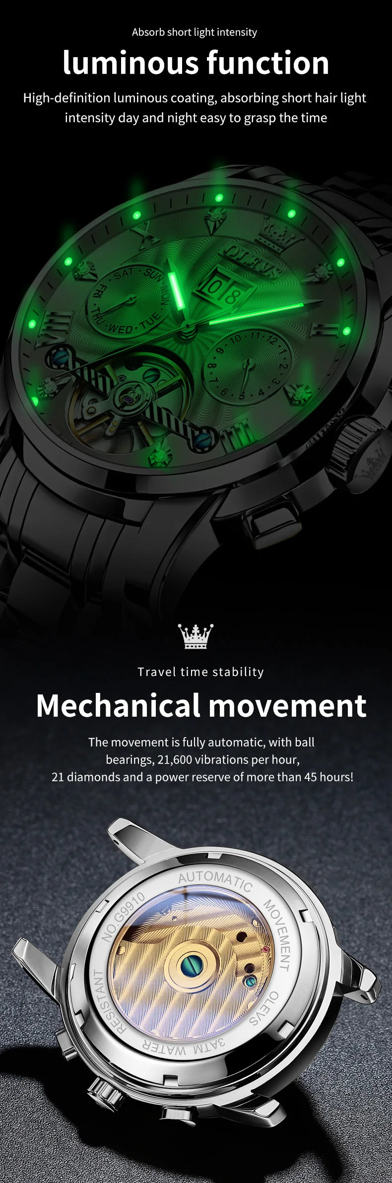 OLEVS Men's Watches 9910 Luxury Fashion Original Automatic Mechanical Watch for Man Waterproof Luminous Hollowed Out Movement