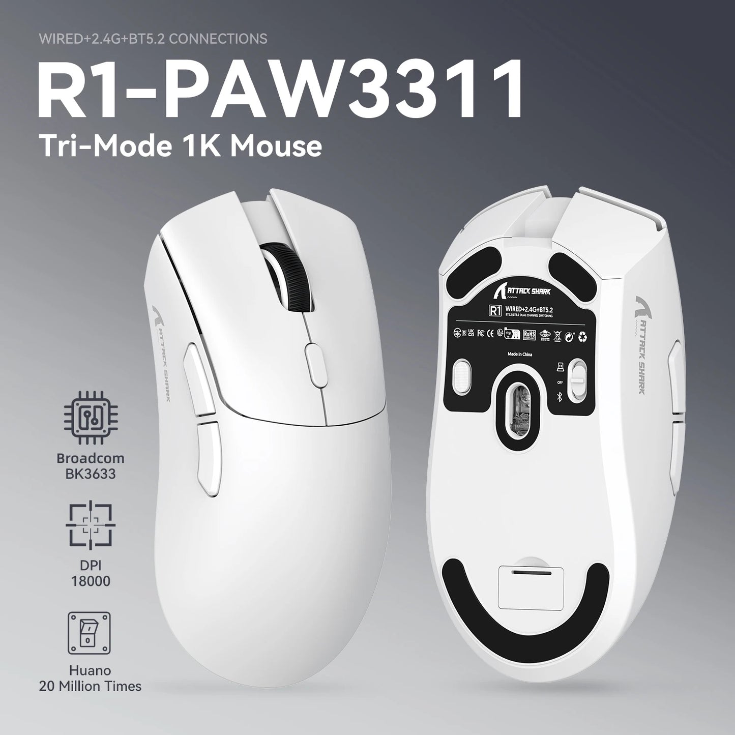 ATTACK SHARK R1 trijų režimų žaidimų pelė, PixArt PAW3311 jutiklis, 18000 DPI, 1000hz, itin lengva 59g, didelėms rankoms, skirta PC/Mac