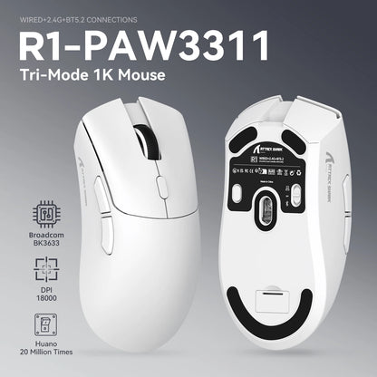 ATTACK SHARK R1 trijų režimų žaidimų pelė, PixArt PAW3311 jutiklis, 18000 DPI, 1000hz, itin lengva 59g, didelėms rankoms, skirta PC/Mac