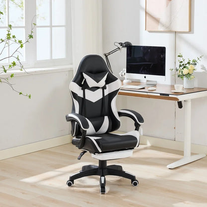 360° Swivel Ergonomic Racing Design Gaming Chair Leather High Back Office Chair Height Adjustable Task Chair, Black & White