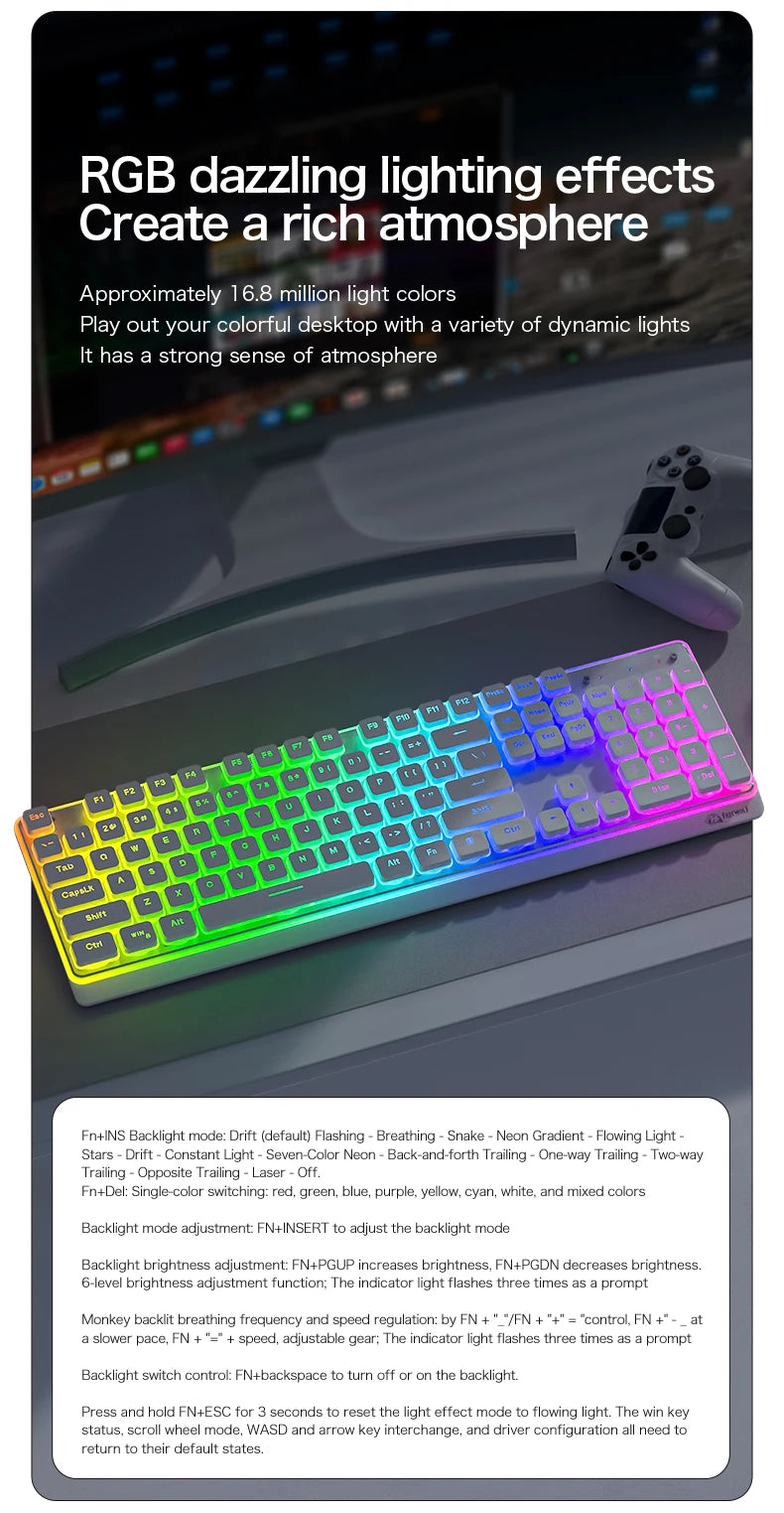 Freewolf M104 Tri-Mode Wireless Keyboard RGB 104 Keys Ultra Slim Quiet Membrane 4000mAh Large Battery for Office & Home
