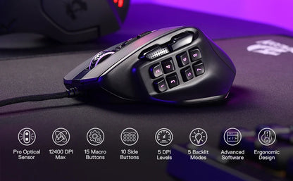 Redragon M811 Aatrox MMO žaidimų pelė, 15 programuojamų mygtukų, laidinė RGB žaidėjų pelė su ergonomiška natūralaus suėmimo konstrukcija