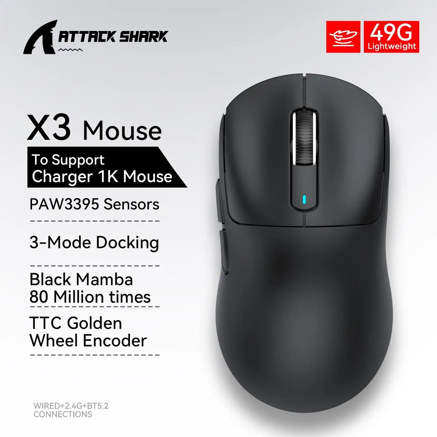 Bezdrátová herní myš X3 ATTACK SHARK v červené barvě, 4K návratnost, Bluetooth tri-mode připojení, PAW3395, makro Bluetooth herní myš