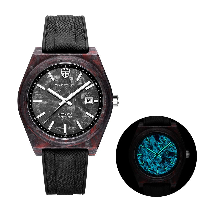 TIME TOKEN Nuovo orologio subacqueo da uomo in fibra di carbonio luminosa da 40mm, automatico meccanico di lusso con calendario, vetro zaffiro, impermeabile 100m