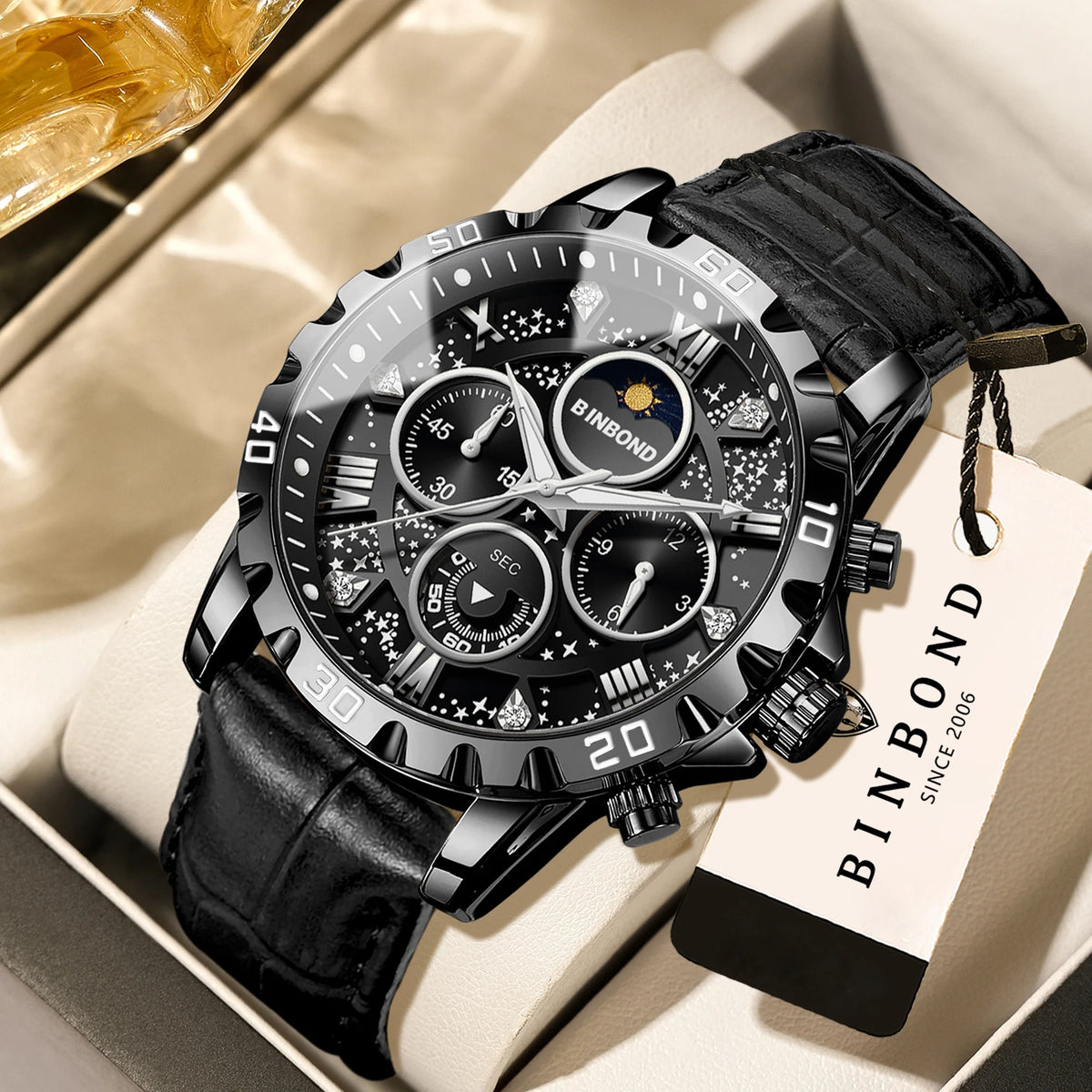 Authentic and accurate BINBOND quartz wristwatch for men, a luxury, water-resistant chronograph with a luminous display and leather strap.