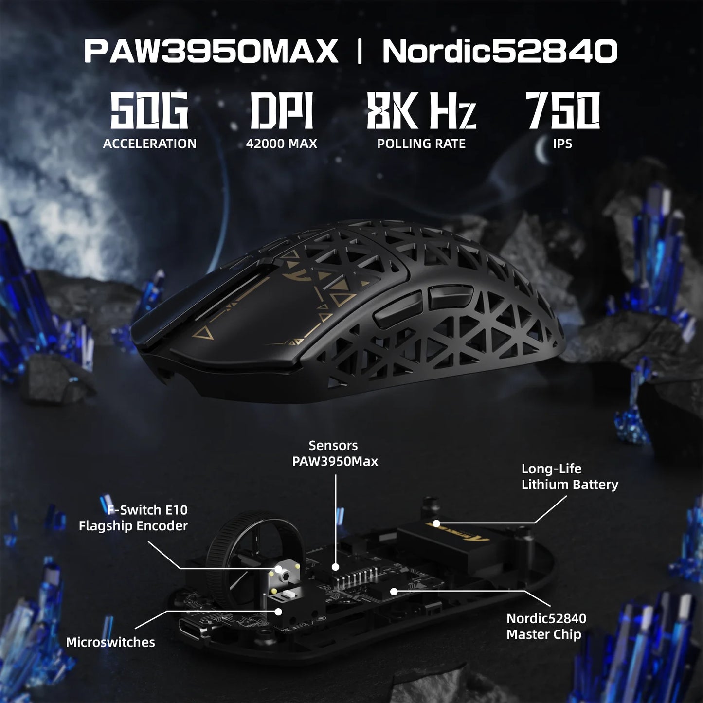 Rato Gaming Sem Fios ATTACK SHARK R5 Ultra 8K em Fibra de Carbono com Sensor 42000 DPI-PAW3950 MAX — ultraleve de 39g para Win/Mac