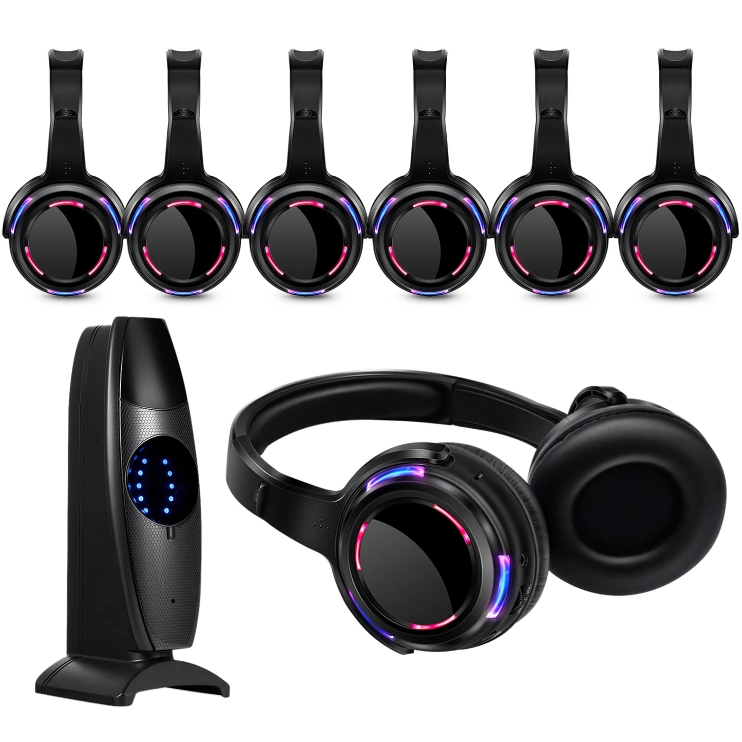 Silent Disco Wireless Headphones with LED Lights, Rechargeable RF Silent Party Headphones for Clubs, Concerts, Meetings & Events