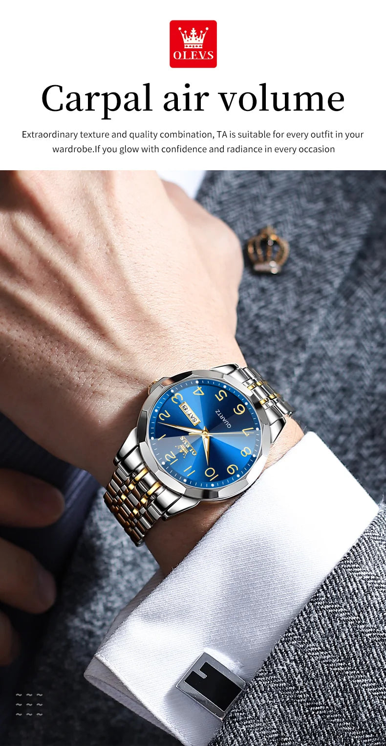 OLEVS 9970 Men Watch Original Brand Waterproof Luminous Quartz Watch Rhombus Mirror Stainless Steel Date-Day-Date Watch With Box