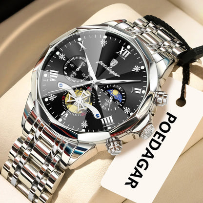 Originele luxe POEDAGAR herenhorloge, waterdicht, chronograaf met verlichting, roestvrijstalen quartz-polshorloge, hoogwaardige herenhorloges