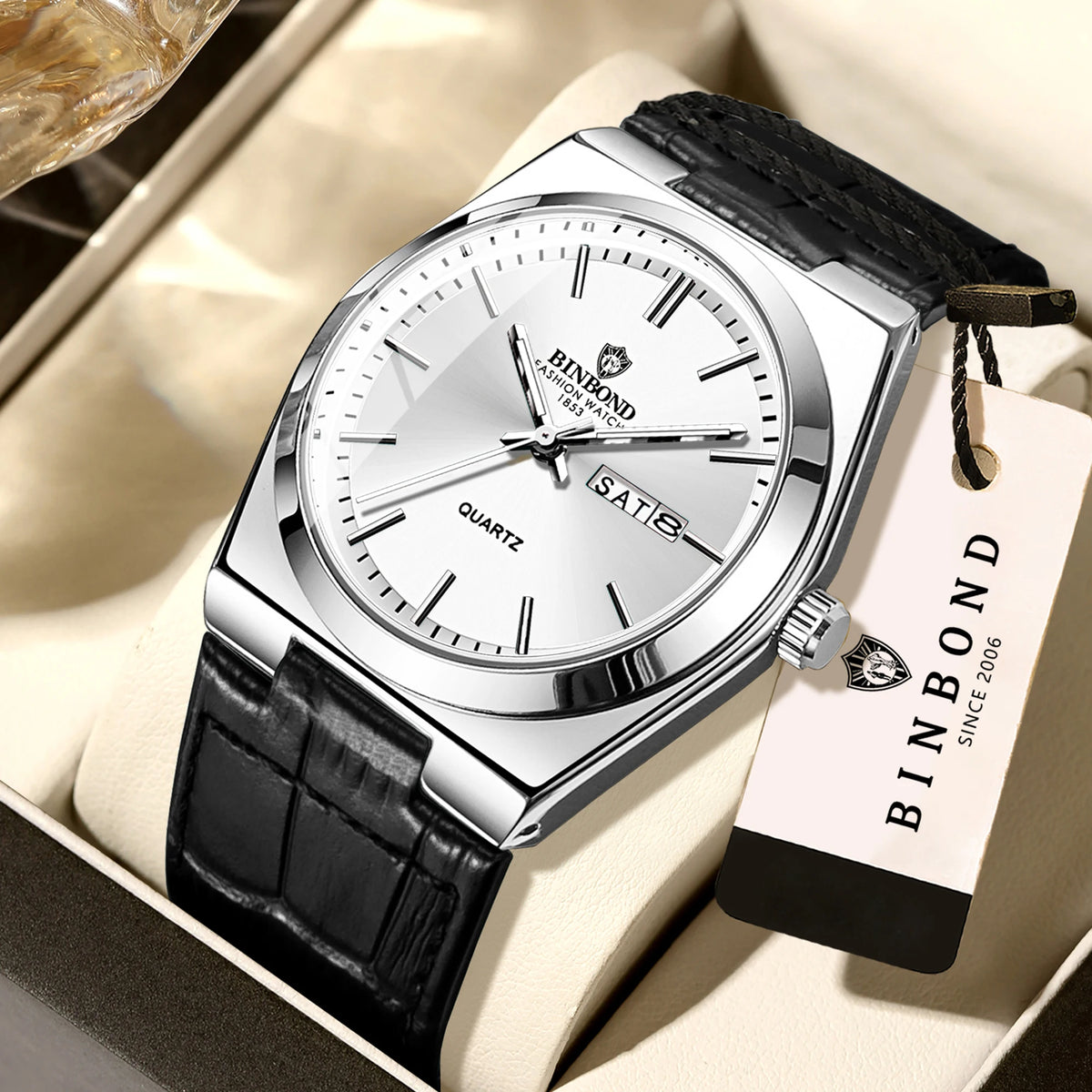 Montre-bracelet à quartz BINBOND de luxe avec bracelet en cuir, précise, lumineuse, étanche, affichage automatique de la date et du jour de la semaine, durable, pour homme.