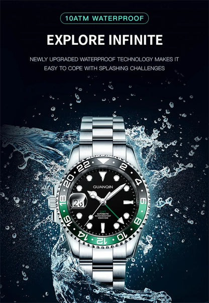 GUANQIN GMT Reloj para hombre 2025 nuevo reloj automático para hombre NH34 reloj mecánico de pulsera con cristal de zafiro y acero inoxidable para mano izquierda