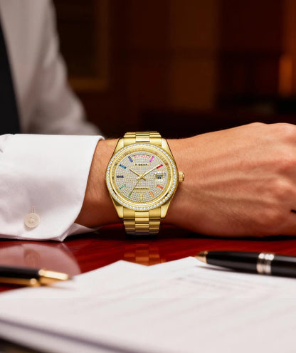 X-GEAR Men Luxury Watches Full diamond dial Diamond bezel Mechanical Watch Luminous Date Week Display Stainless Steel Case Strap