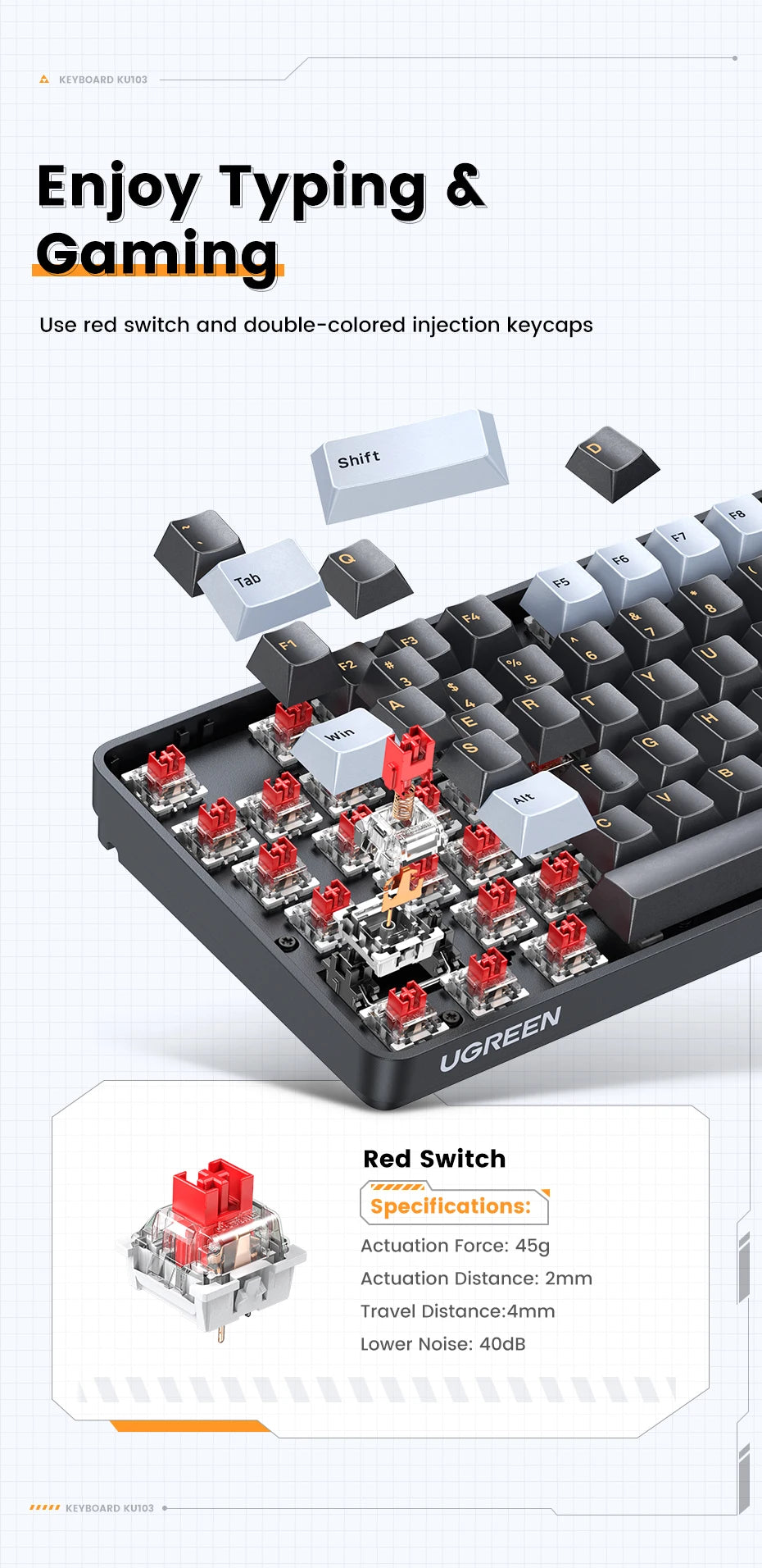 Teclado mecánico UGREEN 108 teclas PBT, teclado con cable, interruptores rojos, ruso/coreano/EN, para ordenador de sobremesa y portátil, Windows, Mac OS y gaming