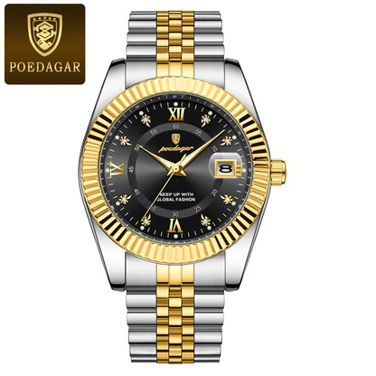POEDAGAR herenhorloge – Luxe model, waterdicht, van roestvrij staal, met lichtgevende wijzerplaat, militaire stijl, datumfunctie, quartz uurwerk, ideaal voor op het werk of bij zakelijke gelegenheden.
