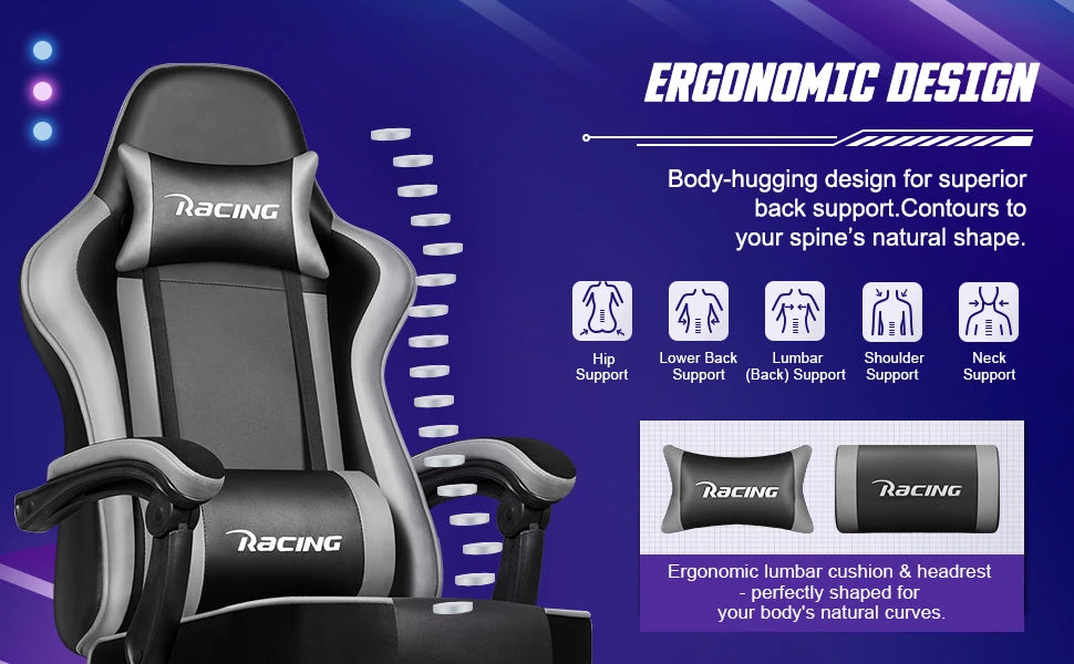 AUTHMIC Ergonomic Gaming Chair with 170° Reclining Backrest, Foldable Footrest, Soft Armrests, Supports 150kg, Breathable Material