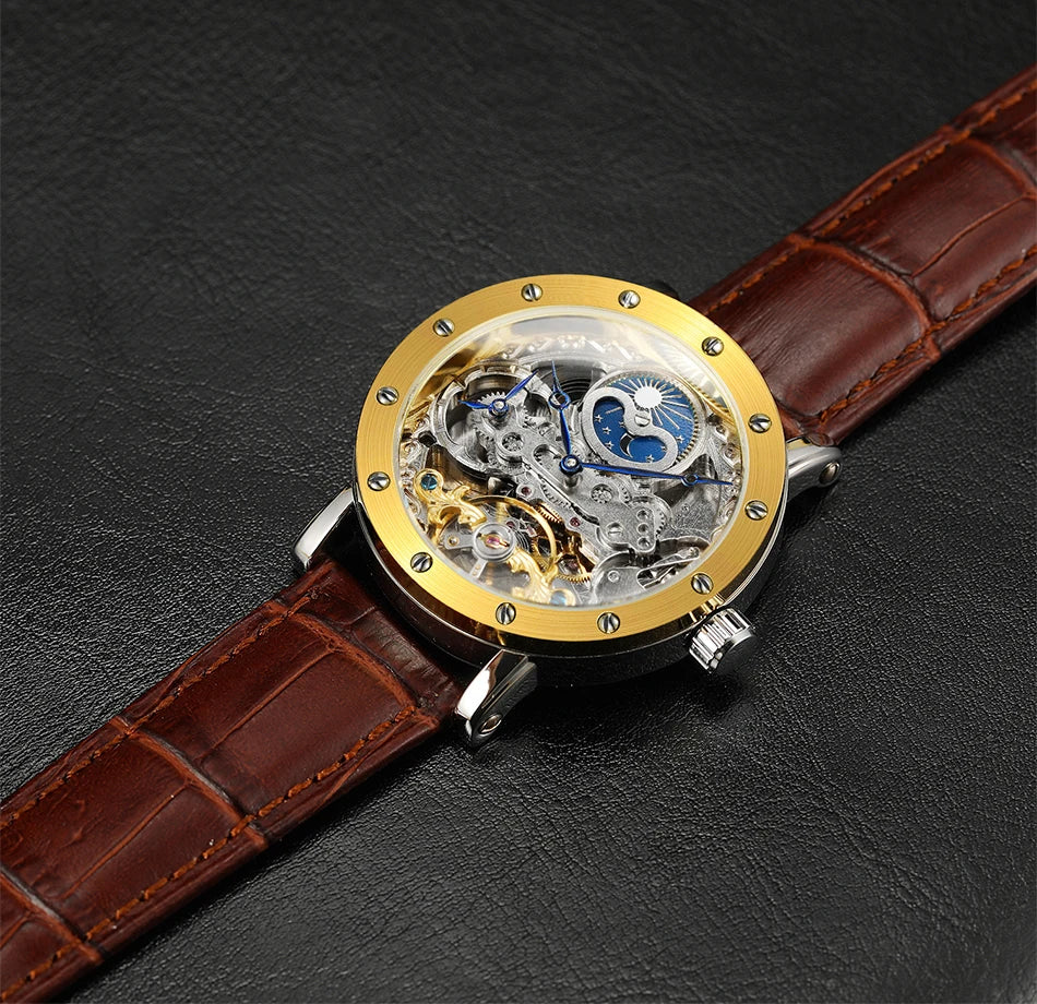 SKROX vyriškas automatinis mechaninis rankinis laikrodis, skeleto modelis su GMT funkcija, mėnulio fazėmis ir turbiljonu – prabangus, aukščiausios klasės, elegantiškas ir originalus laikrodis.