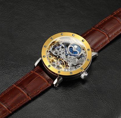 SKROX vyriškas automatinis mechaninis rankinis laikrodis, skeleto modelis su GMT funkcija, mėnulio fazėmis ir turbiljonu – prabangus, aukščiausios klasės, elegantiškas ir originalus laikrodis.