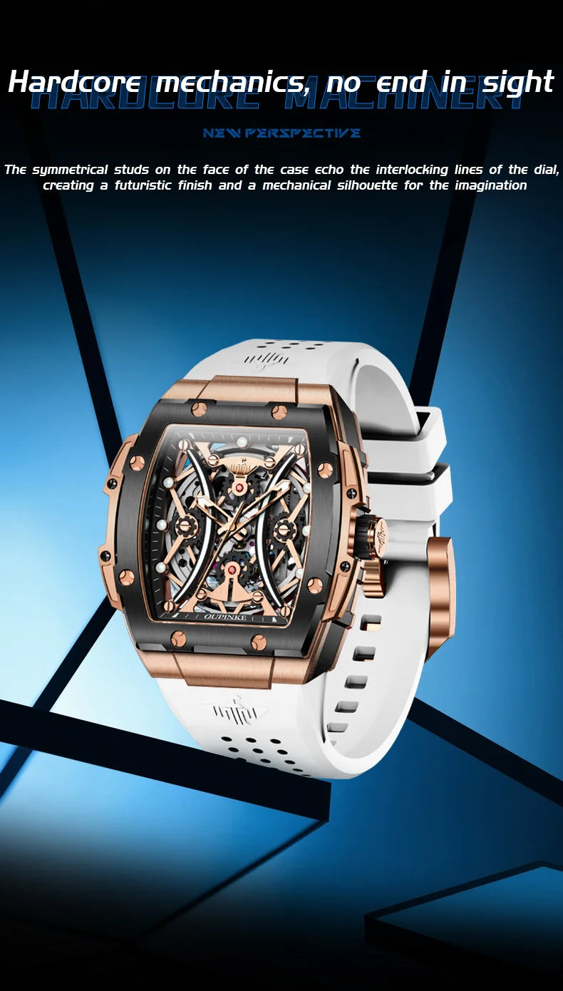 Reloj OUPINKE para hombre, clásico de lujo, esfera tonneau, marca premium original, movimiento mecánico automático, correa de silicona, cristal de zafiro, nuevo