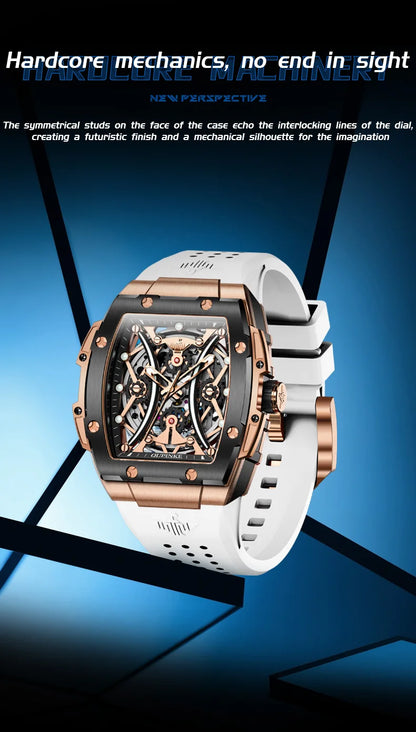 Reloj OUPINKE para hombre, clásico de lujo, esfera tonneau, marca premium original, movimiento mecánico automático, correa de silicona, cristal de zafiro, nuevo